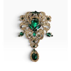 Vintage Style Antique Gold Tone Emerald Green Rhinestone Statement Brooch 5”